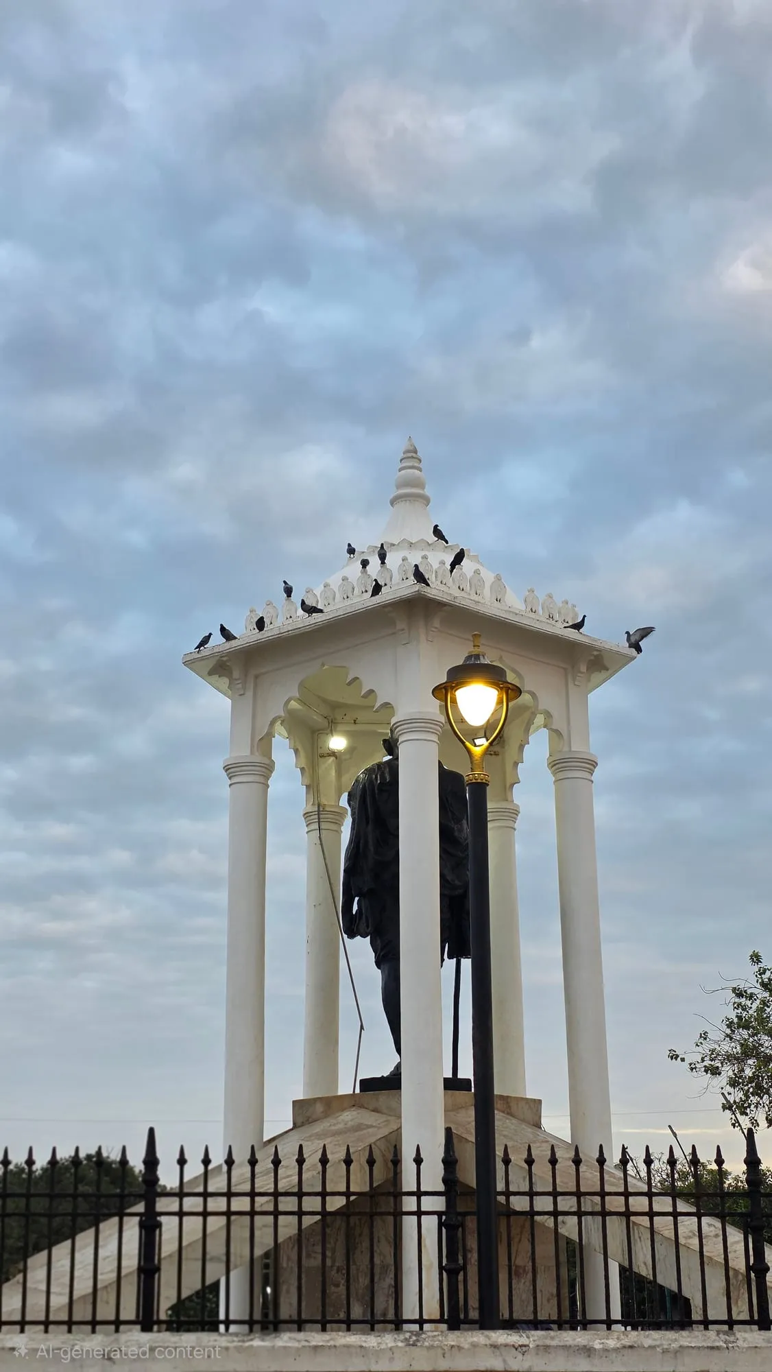 A white pavilion with a lit lamp and pigeons on its roof